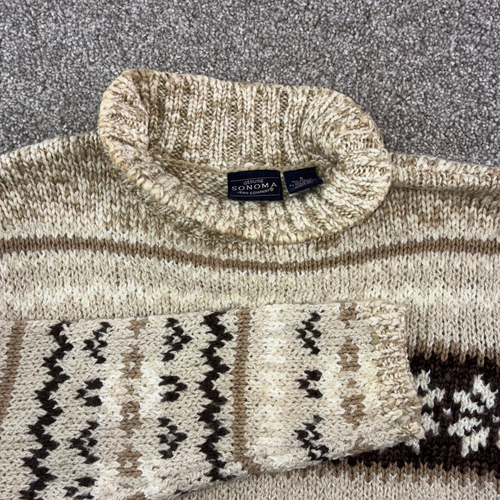 VTG Sonoma Jean Company Womens Sweater S Beige Brown Knit Fair Isle‎ Mock Neck